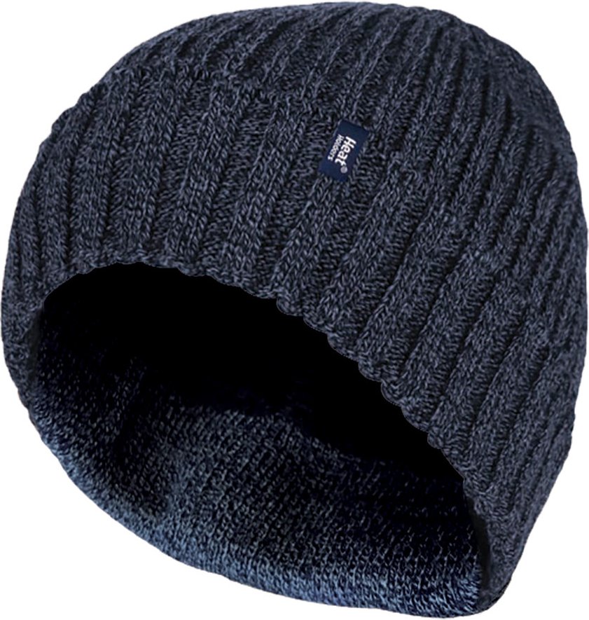 Heat Holders - Mens Ribbed Knit Fleece gefüttert isoliert warm Turn Over Cuff Thermal Winter Beanie Hat - Navy