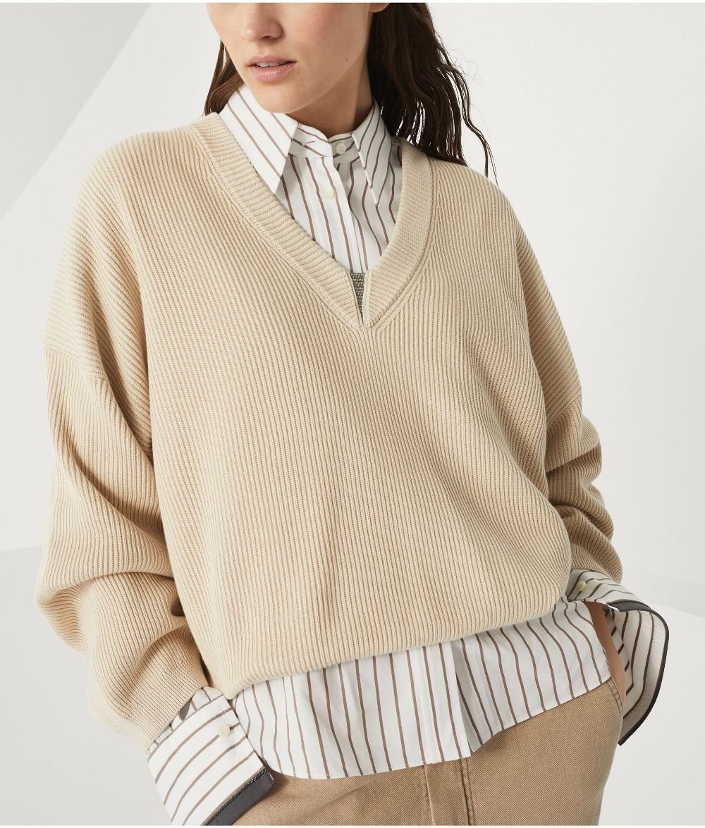 Baumwoll-Rippstrickpullover mit glänzendem Detail