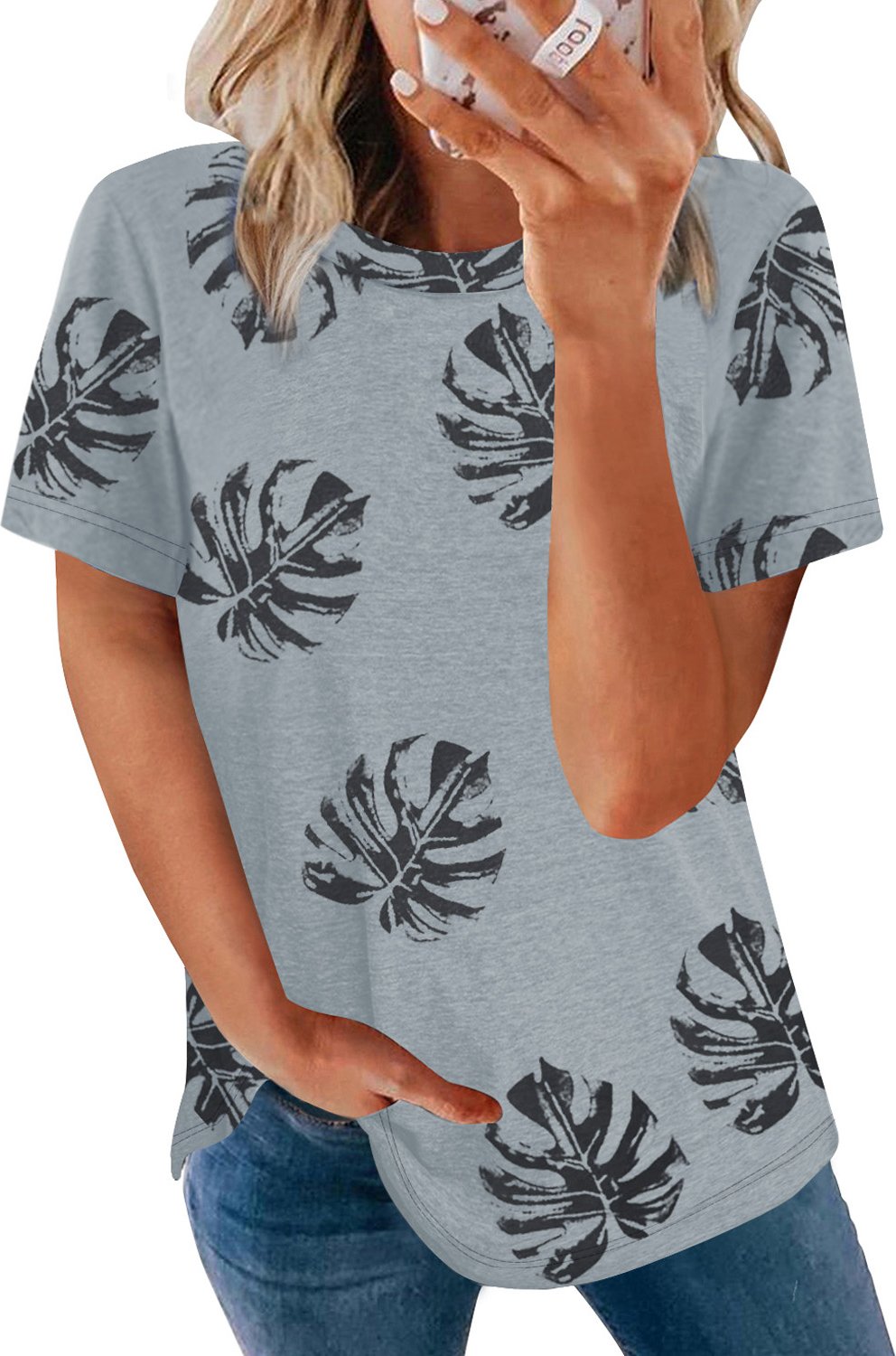 Graues Rundhals-T-Shirt mit tropischem Pflanzenprint