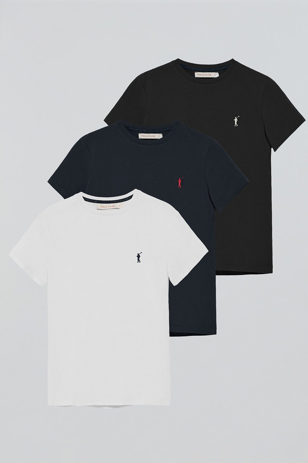 Dreierpack T-Shirts schwarz, marineblau und weiß mit kurzen Ärmeln und Rigby Go-Stickerei