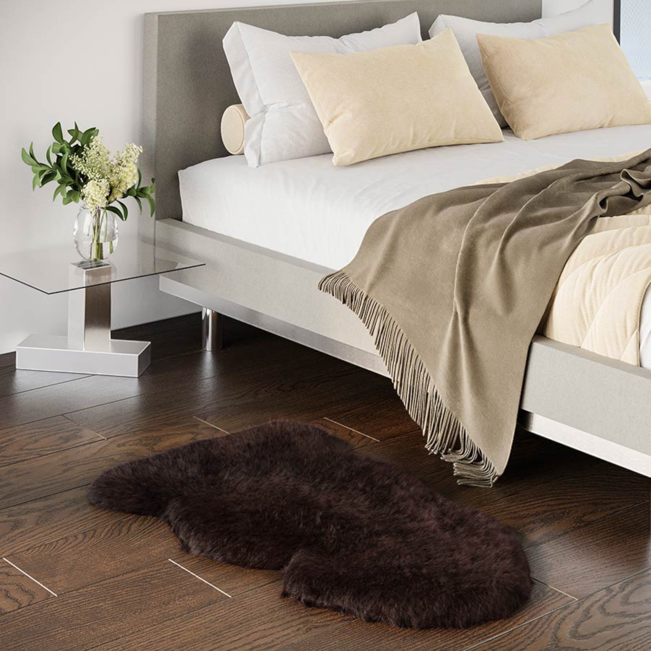 Echter schokoladenbrauner Schaffell-Teppich, seidig, natürlich, weich und flauschig, echte Wolle