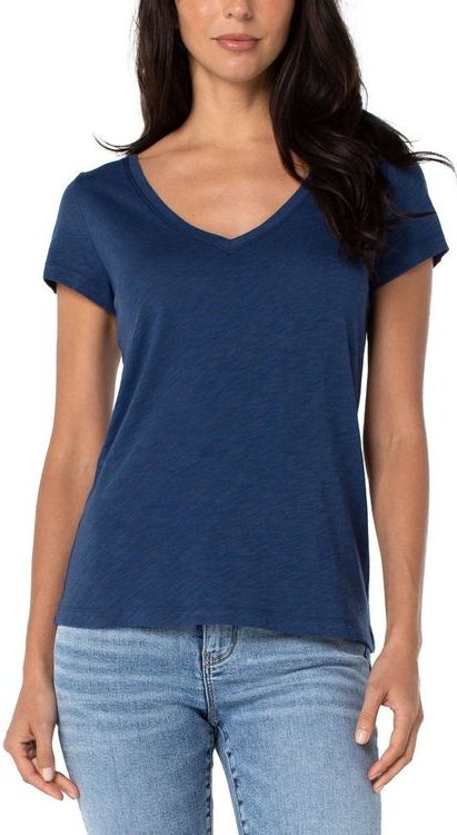 T-Shirt aus Flammenstrick mit V-Ausschnitt in Nachthimmelblau