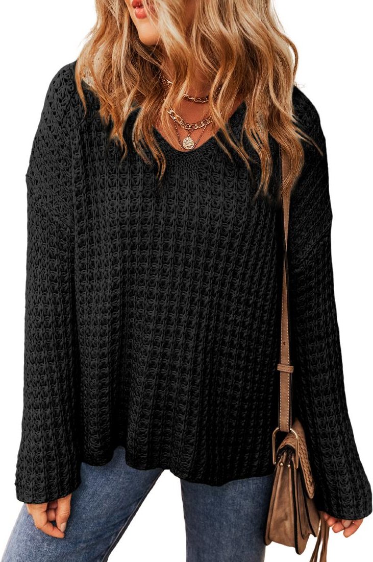 Thumbnail - Azura Exchange Schwarzer Hollow-out Häkel-V-Ausschnitt Pullover