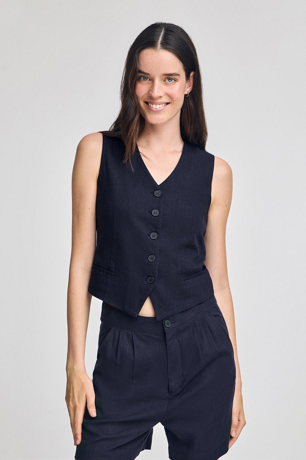 Weste Deia marineblau aus Baumwolle und Leinen mit Polo Club-Details