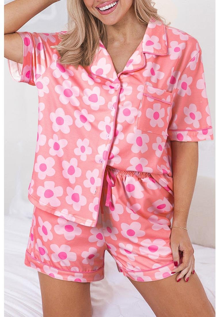 Thumbnail - Rosa Blumenmuster Kurzarmshirt-Pyjama-Set