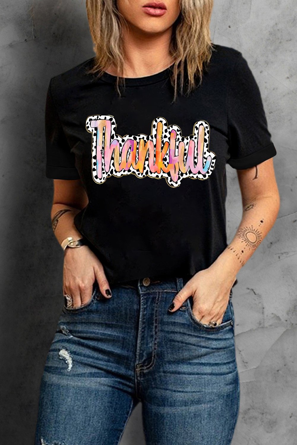 Weiße Dankbare Kuh-Motiv Rundhalsausschnitt T-Shirt