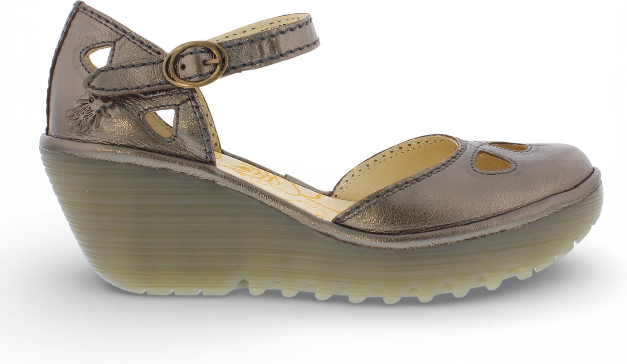 Fly London Damen-Keilsandalen „Yuna“ aus bronzebraunem Leder