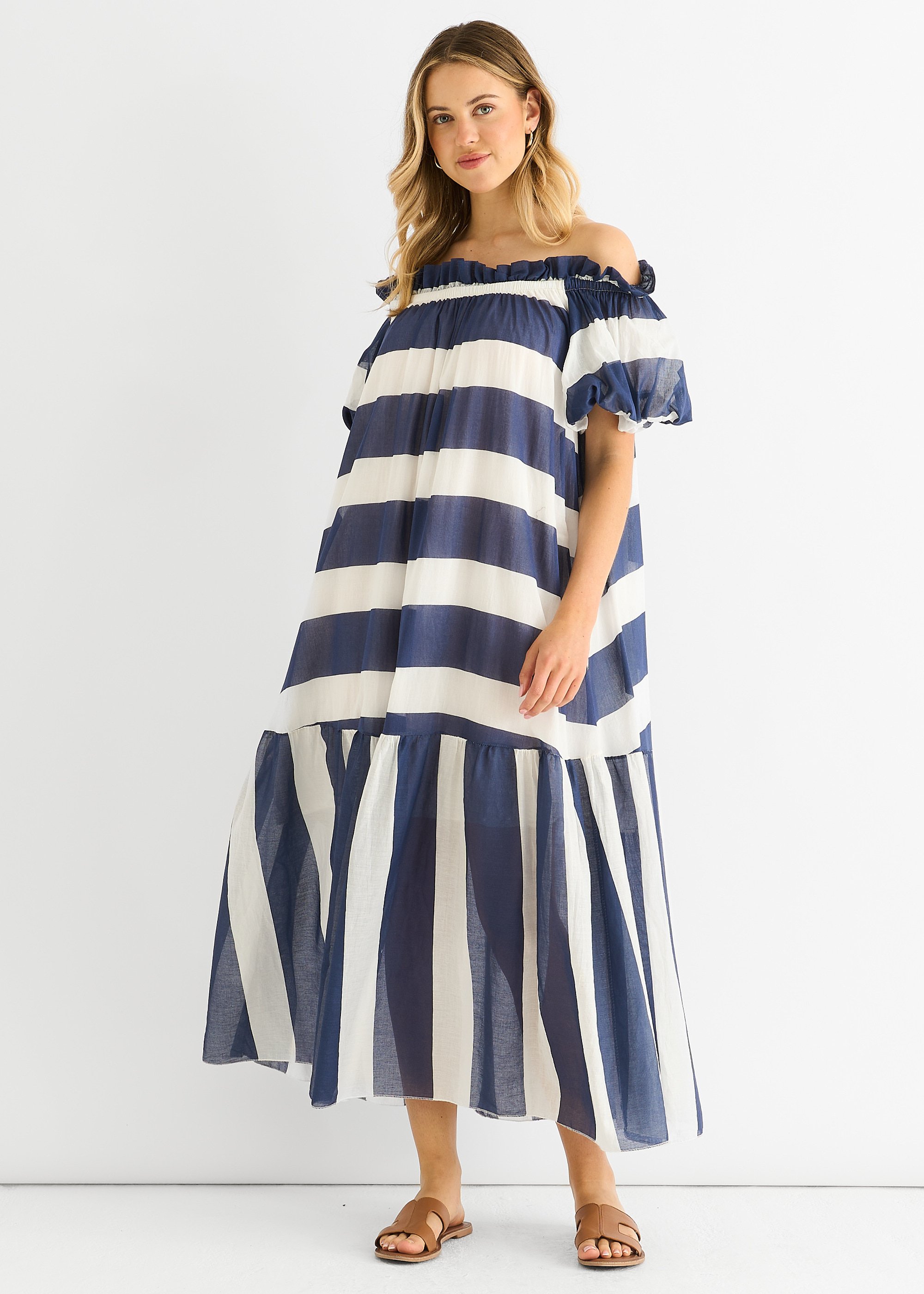 Blaues Voil Bardot-Streifen-Midaxi-Kleid aus Baumwolle