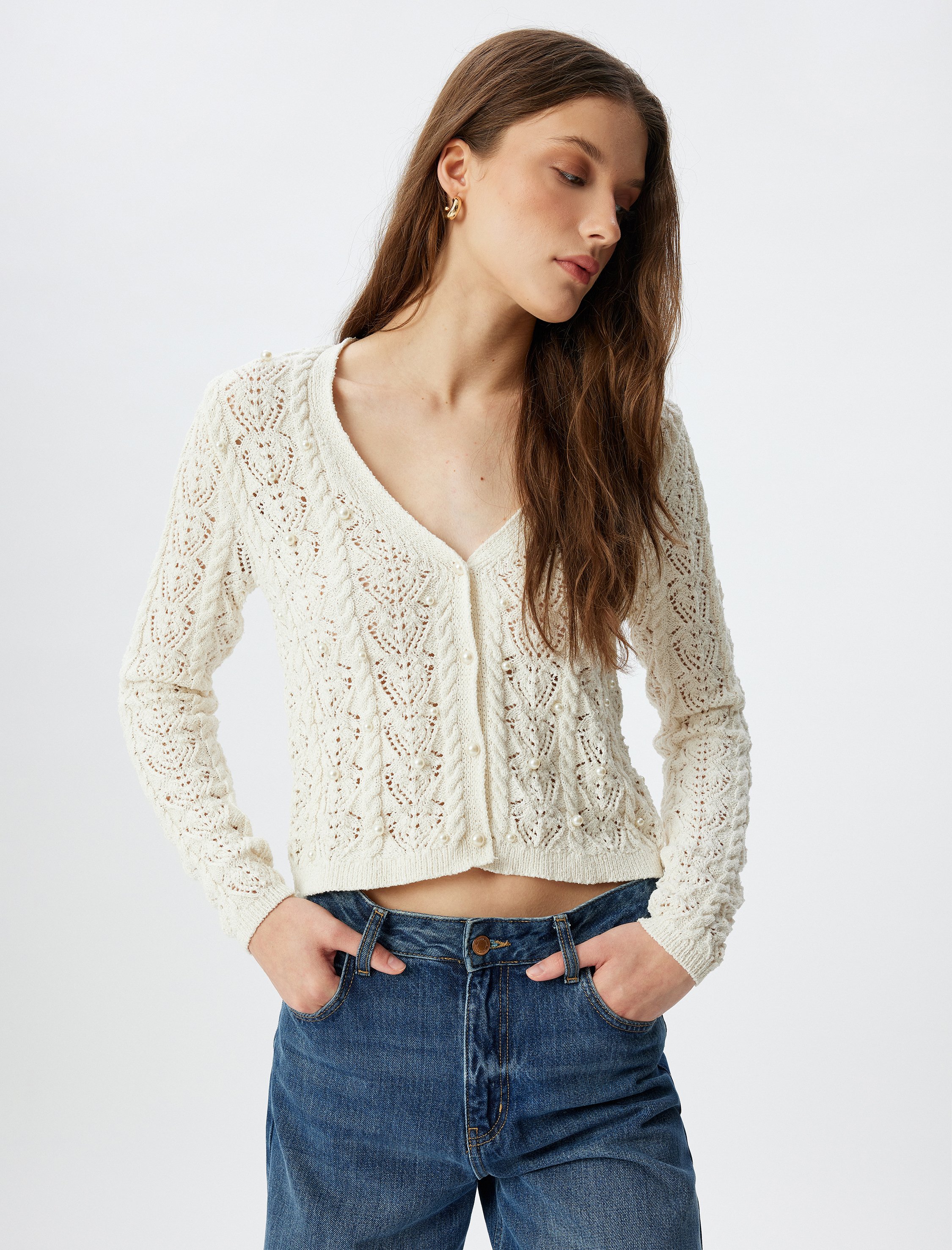 Koton Cardigan V-Kragen Mit Perlen Cardigan