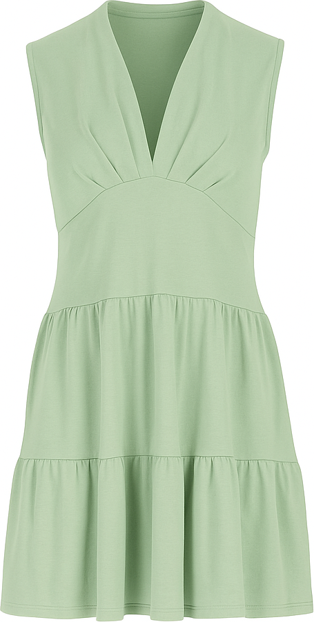 Hellgrünes ärmelloses Jerseykleid mit V-Ausschnitt – Lockere Passform, knielang
