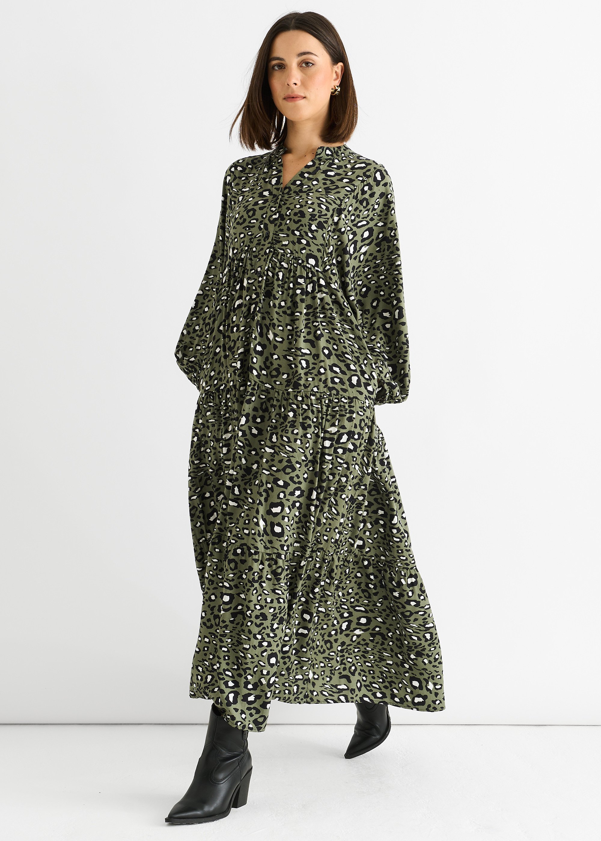 Khaki Viskose Tier Oversized Smock Maxikleid