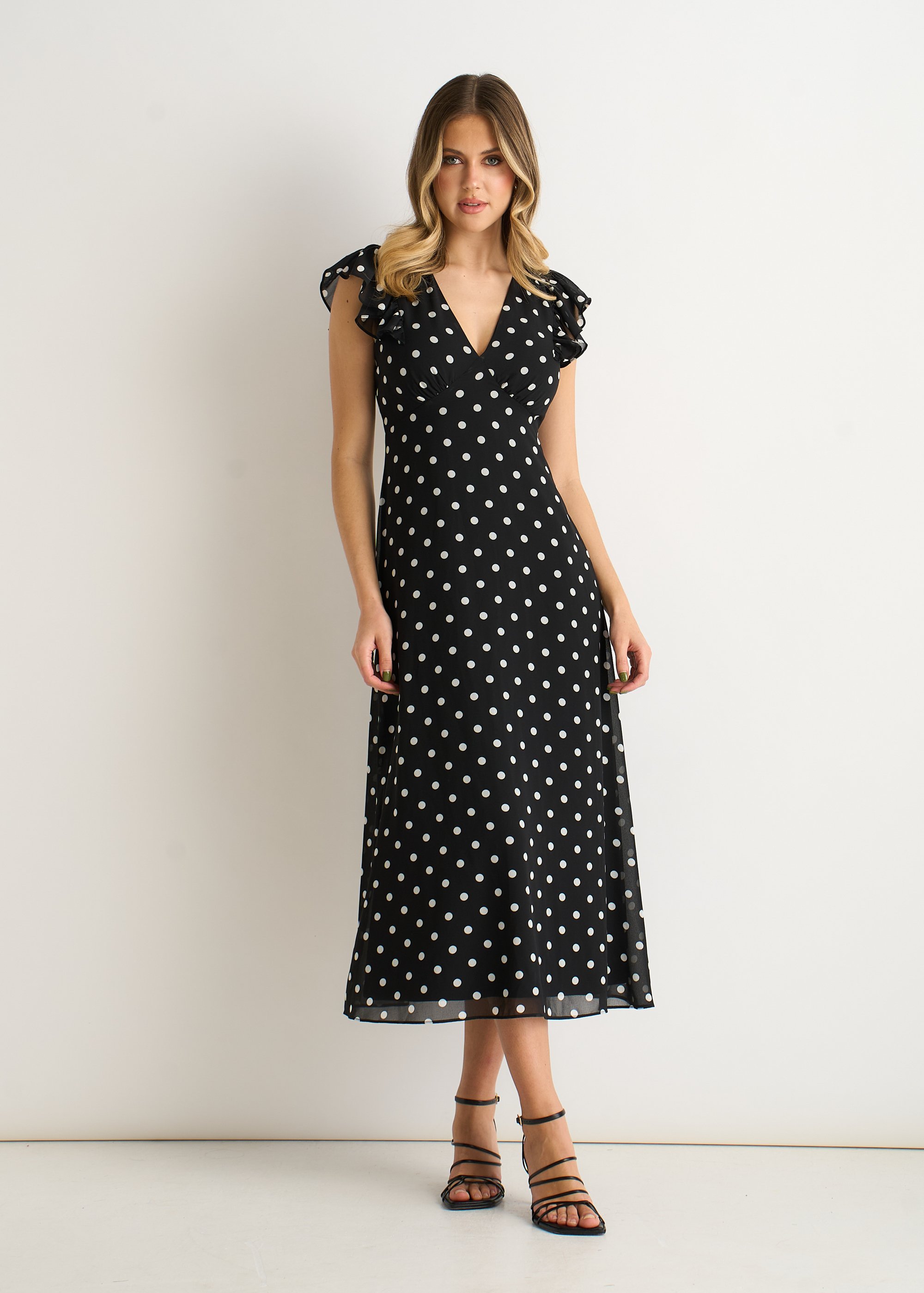 Schwarzes V-Ausschnitt Winkelärmel Skater Midikleid