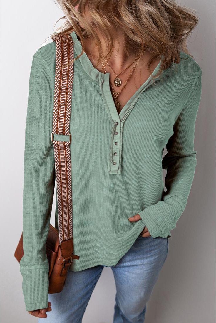 Thumbnail - Azura Exchange Damen Waffelstrick V-Ausschnitt Langarm-Pullover Top