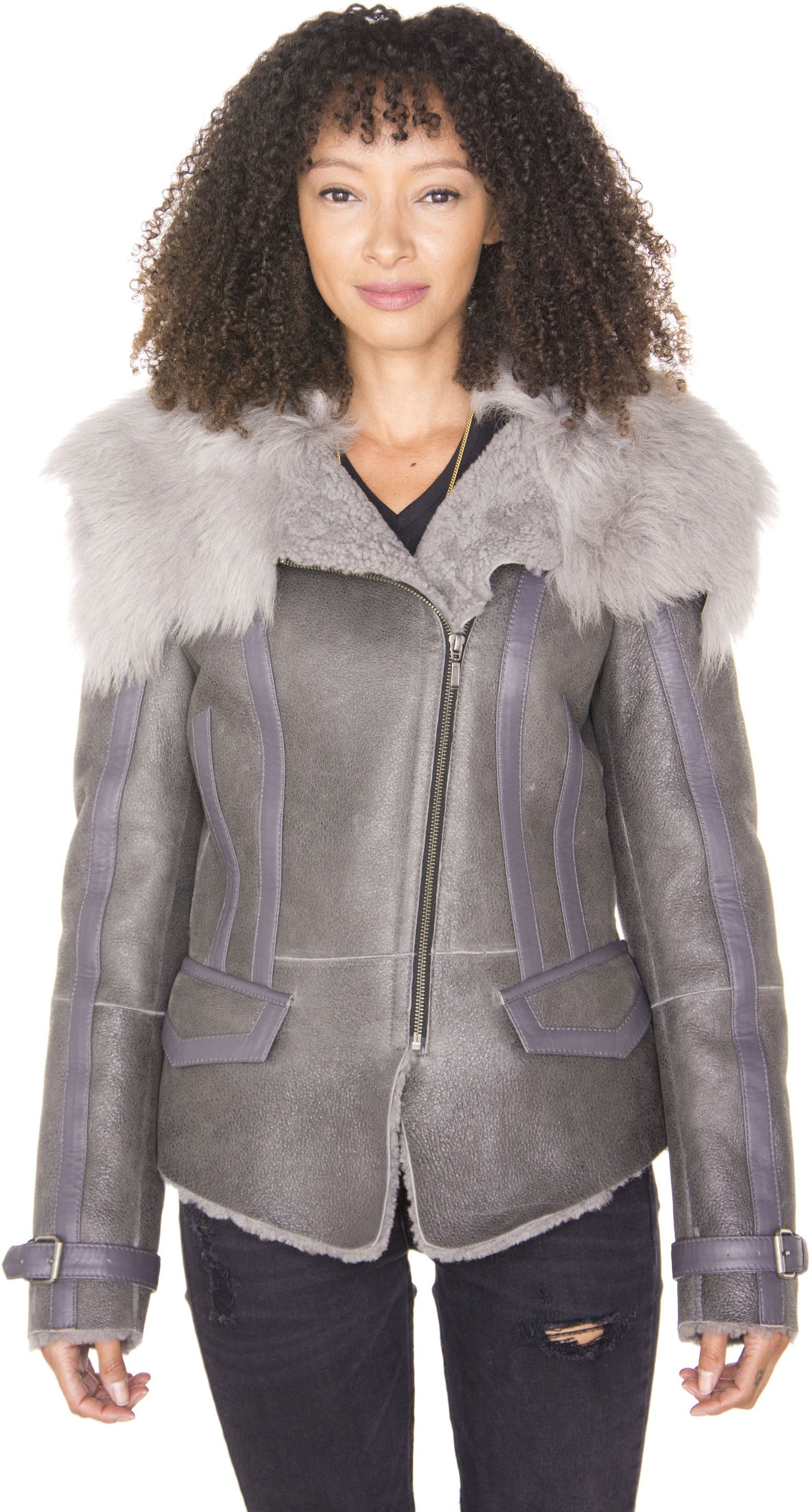 Graue Toscana Shearling-Fliegerjacke für Damen – Teresina