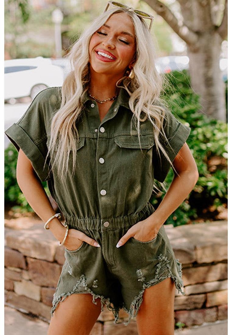 Thumbnail - Moosgrüner, abgenutzter, fransiger Denim-Overall