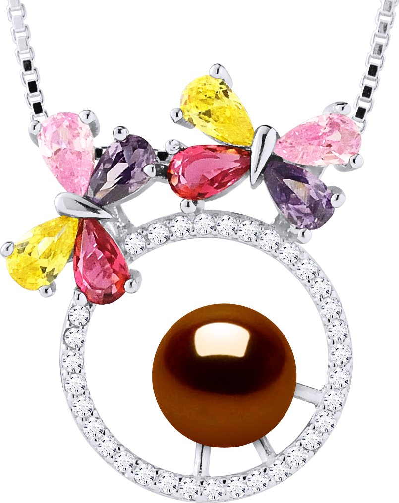 BUTTERFLY Halskette Süßwasserperle rund 8-9mm Schokolade 925