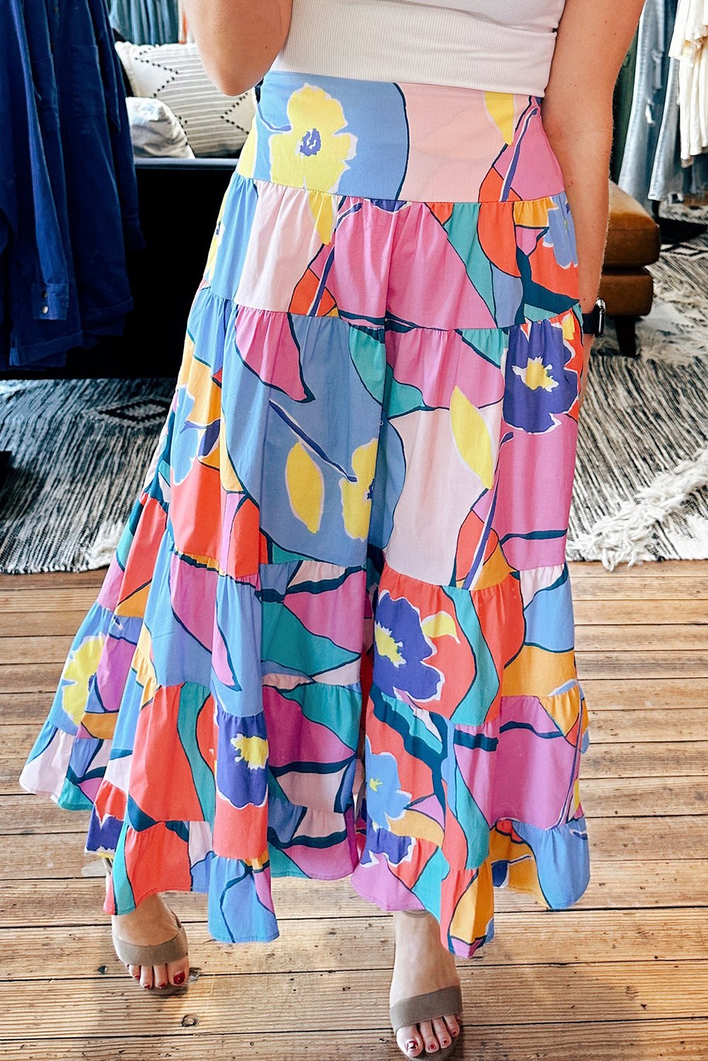 Stufenrock Midi mit Blumenmuster