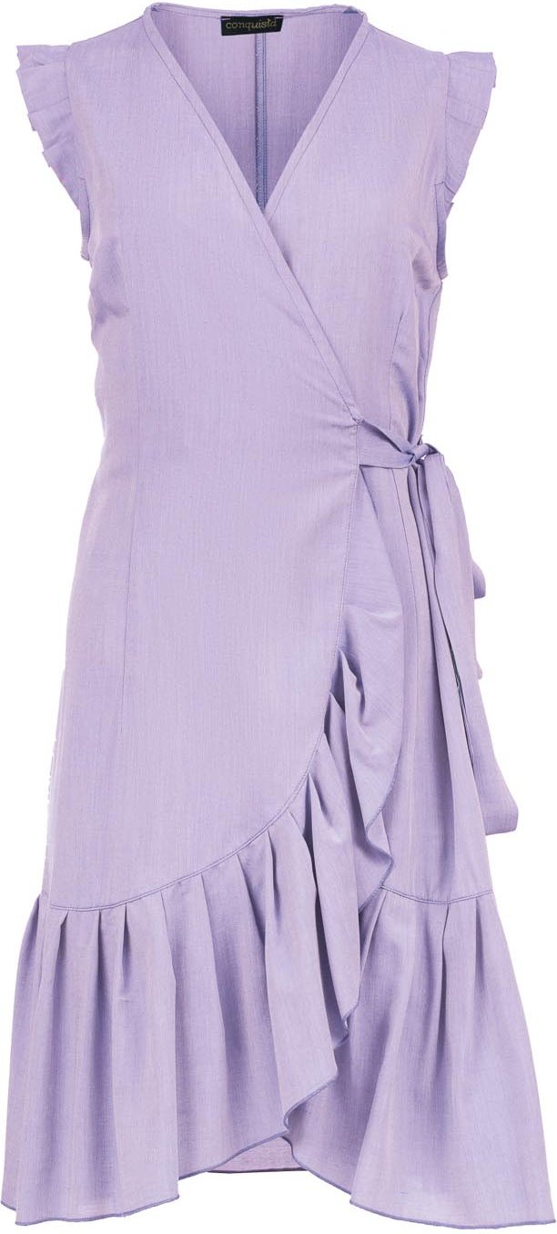 Fliederfarbenes ärmelloses Wickelkleid mit Rüschen aus Viskose-Popeline