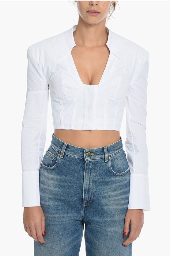 Langärmliges Cropped-Top aus Popeline-Baumwolle in Weiß