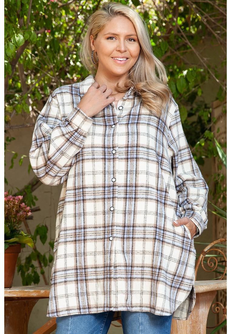 Thumbnail - Weißes Karomuster-Tunika Plus Size Shacket mit Schlitzen
