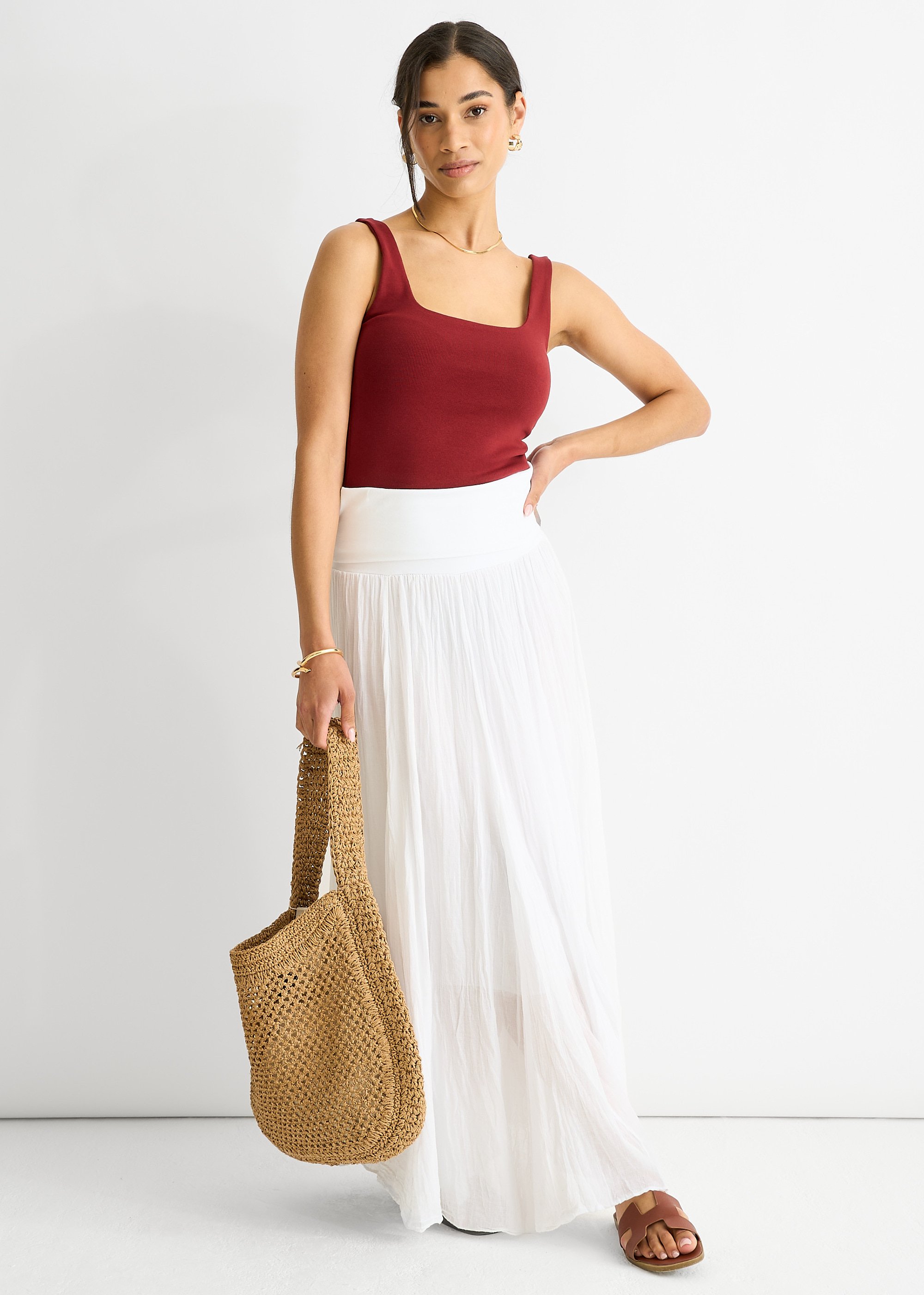 Weißes Baumwoll-Skaterrockkleid mit mehrlagigem Bund