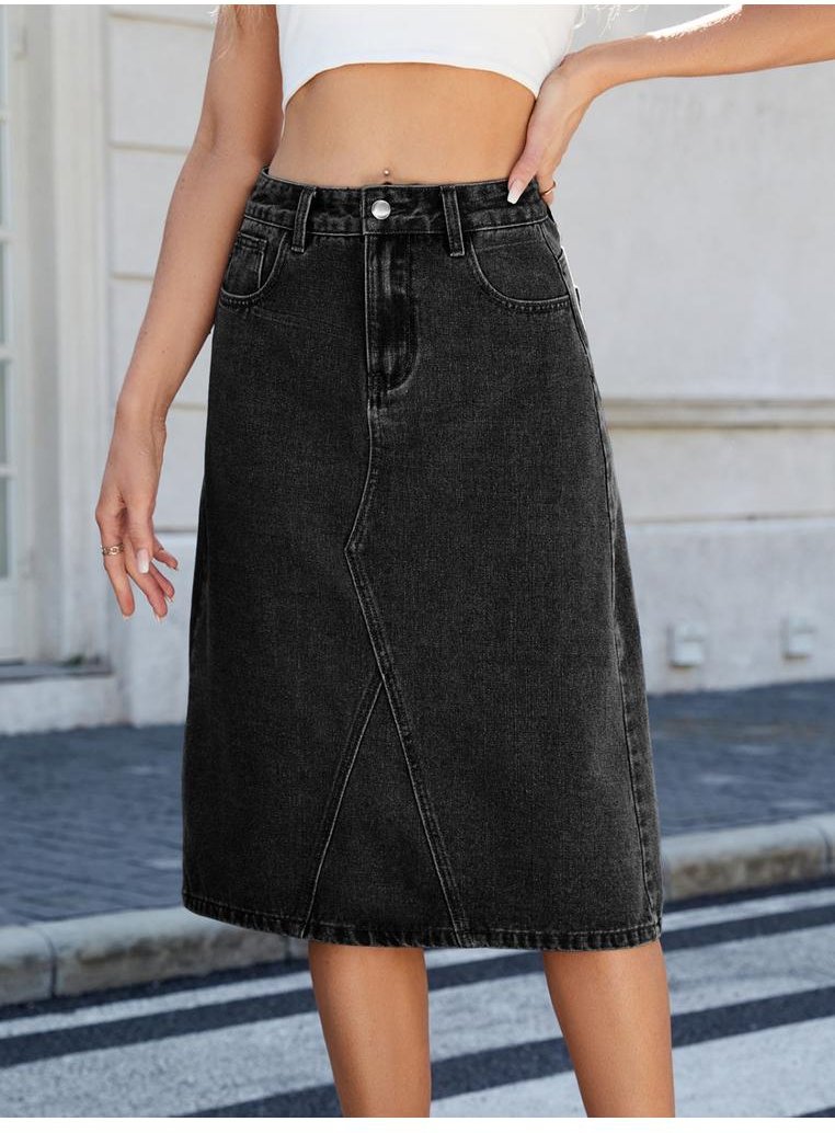 Thumbnail - Midi-Denim-Rock mit Schlitz hinten und Taschen