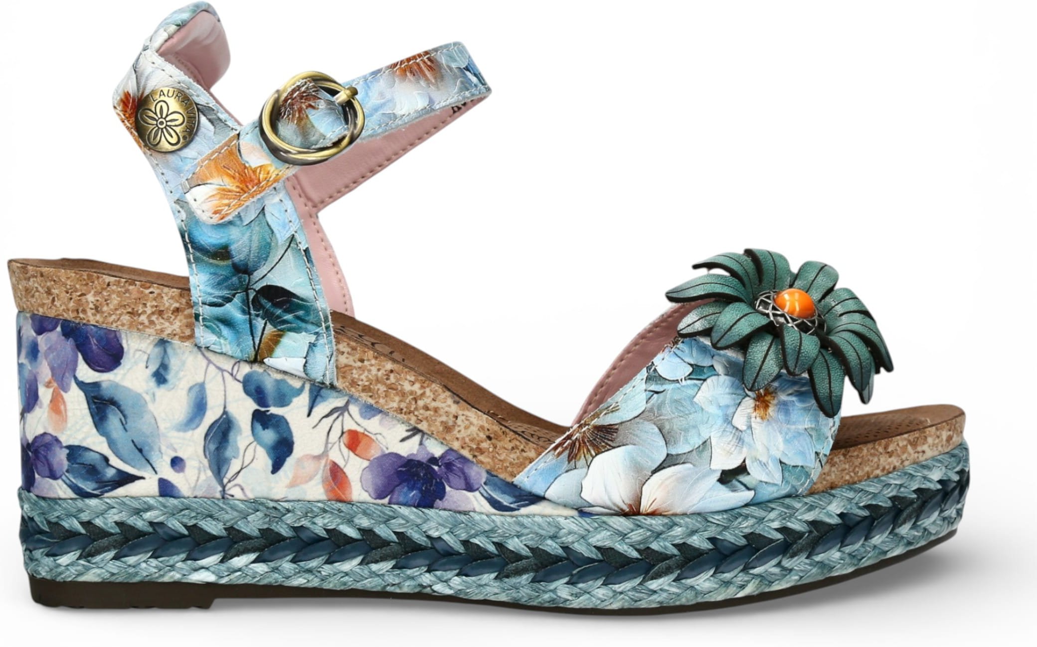 Laura Vita Damen-Espadrilles Facyo 75 aus blauem Leder mit Blumenmuster und Keilabsatz