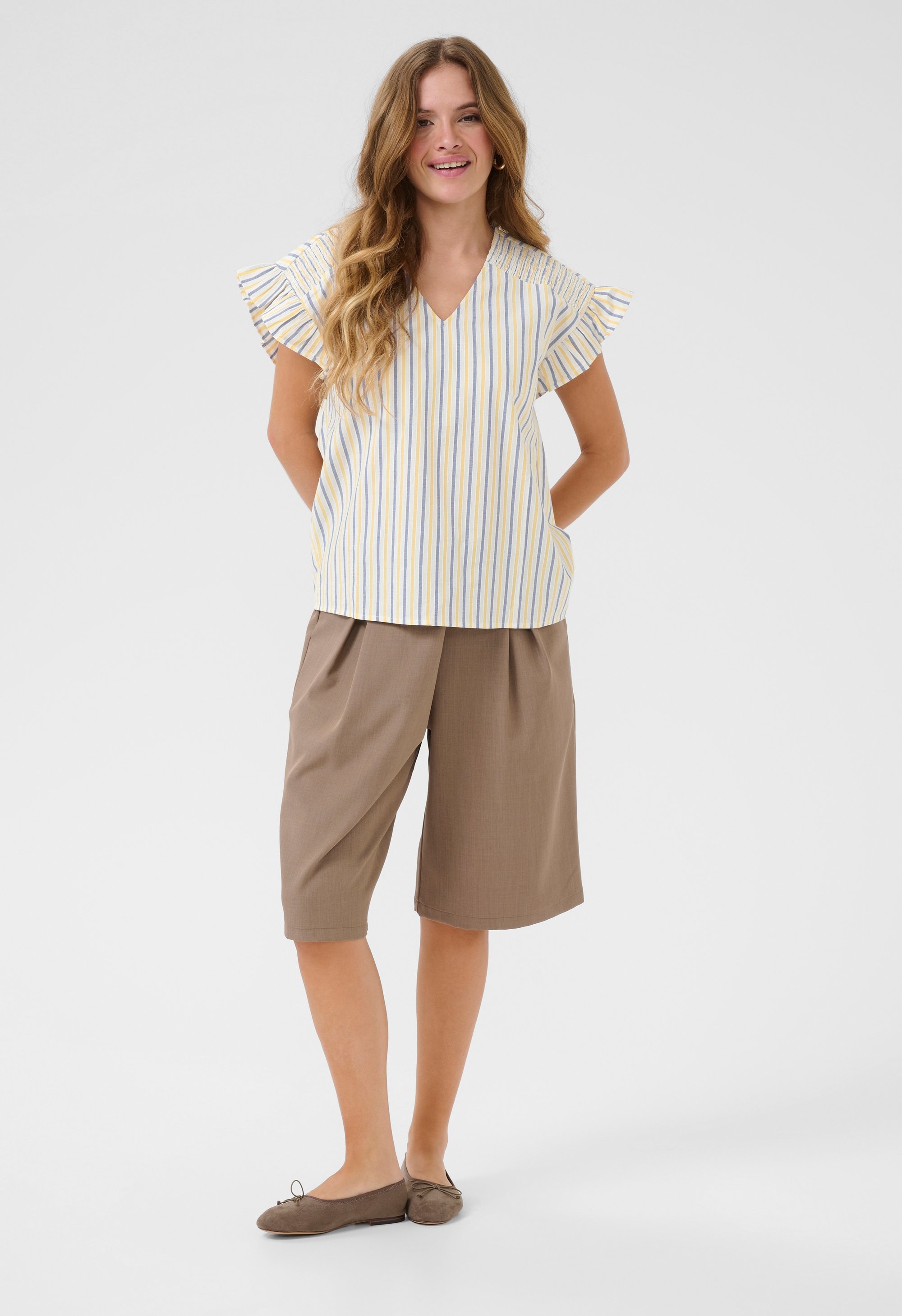 Kurzarm-Bluse Relaxed fit White/Blue/Yellow Stripe white multi