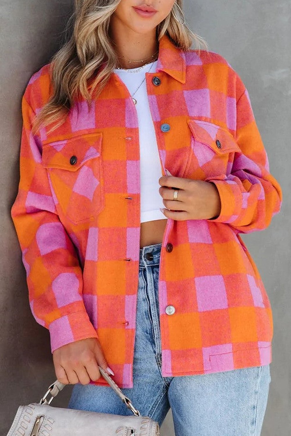 Thumbnail - Orangenkarierte Brusttaschen Knopfhemd Turn-Down-Kragen Jacke