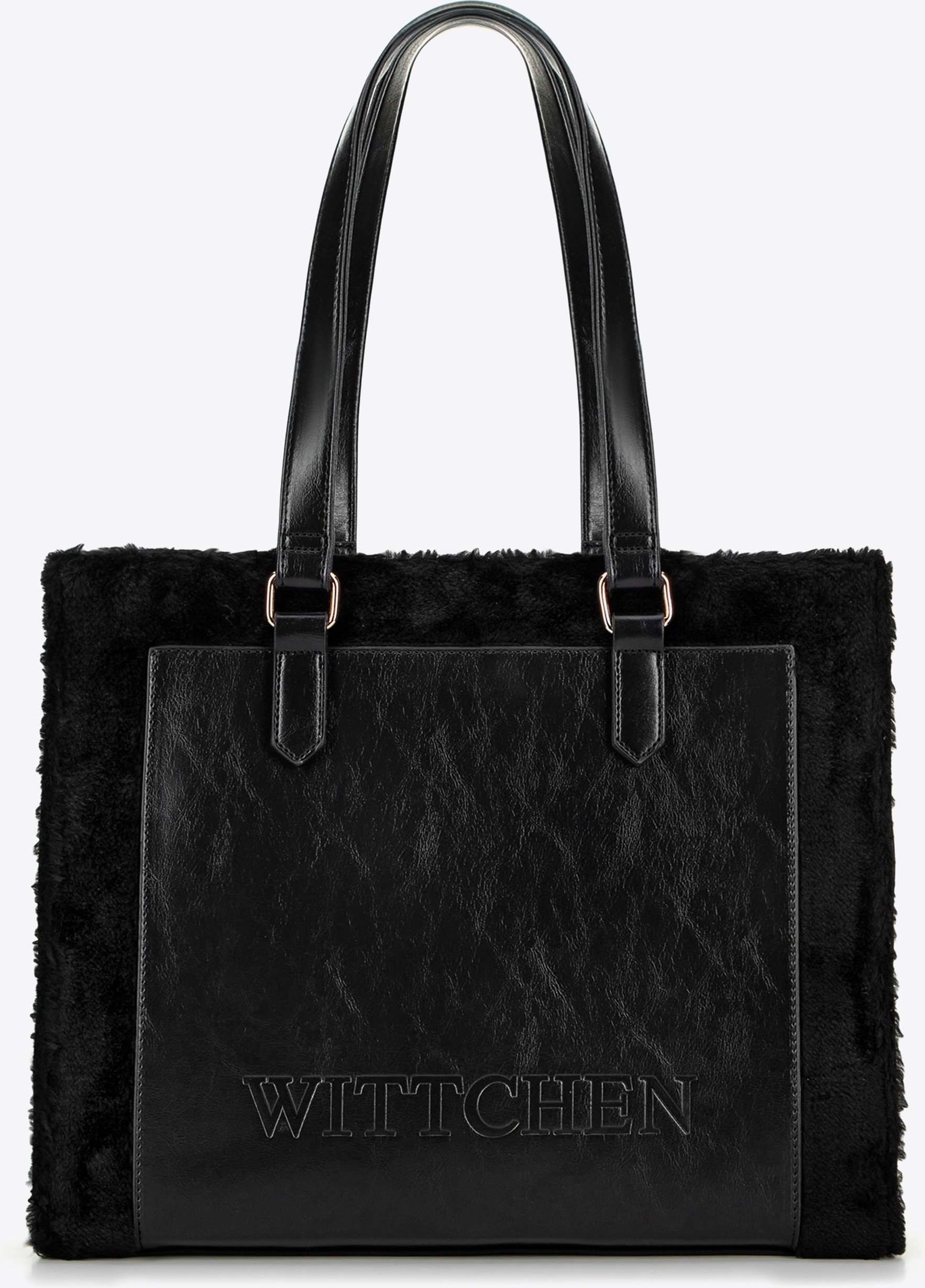 Wittchen Damen-Einkaufstasche aus Öko-Leder mit Pelzbesatz, schwarz