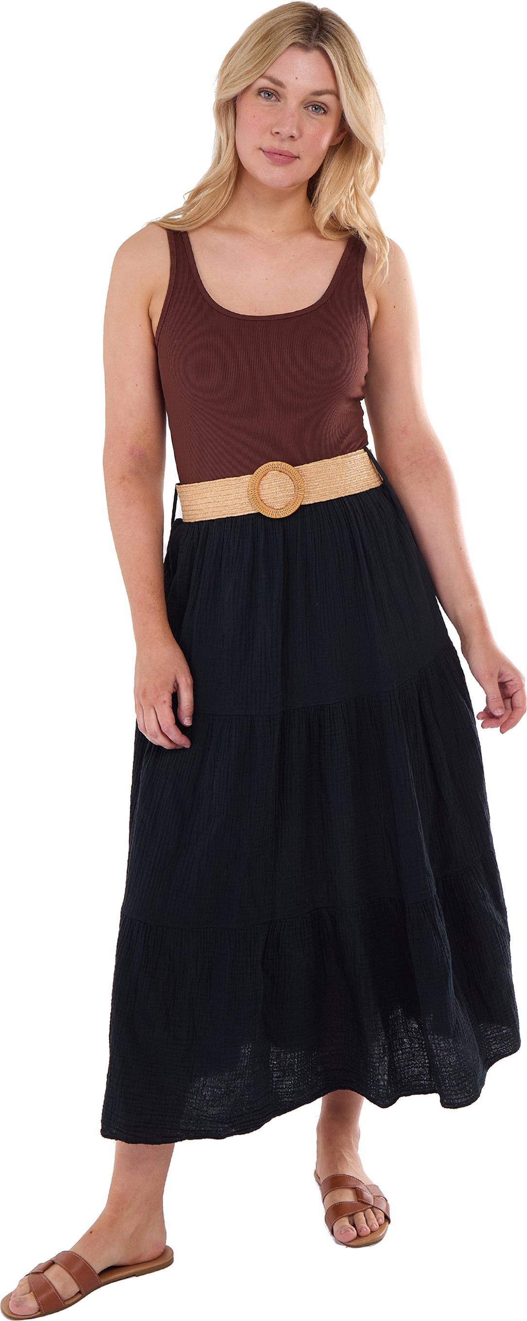 Schwarzer Baumwoll-Seersucker-Maxirock mit Gürtel