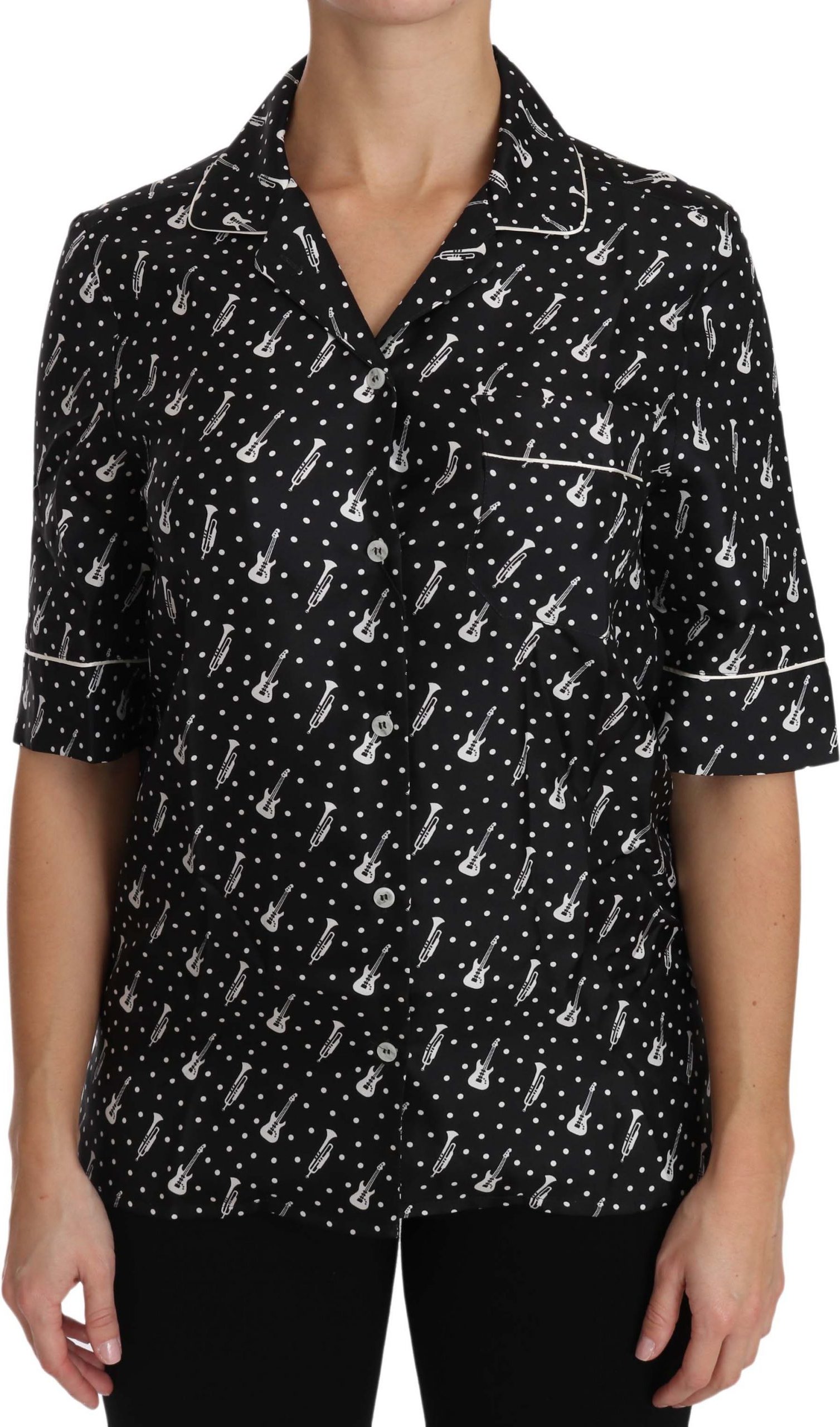 Dolce & Gabbana Damen Seidenhemd mit schwarzem Gitarren- und Trompetendruck