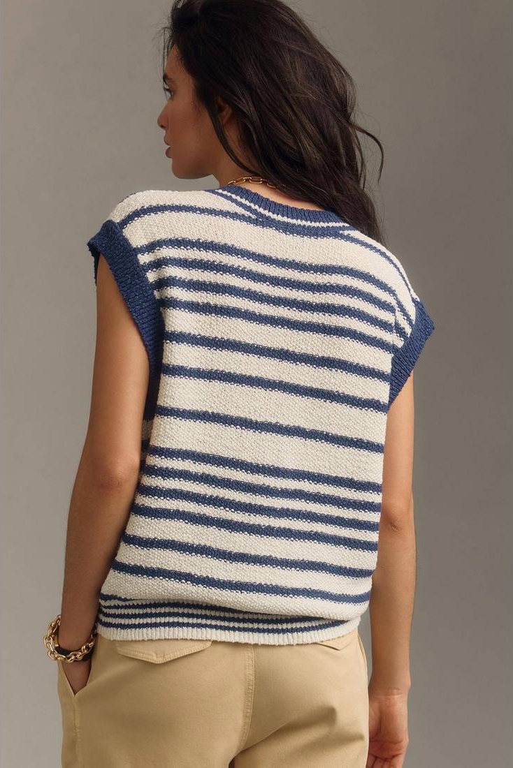 Thumbnail - Blau gestreifter lockerer Knopfvorder-V-Ausschnitt Pullover Weste