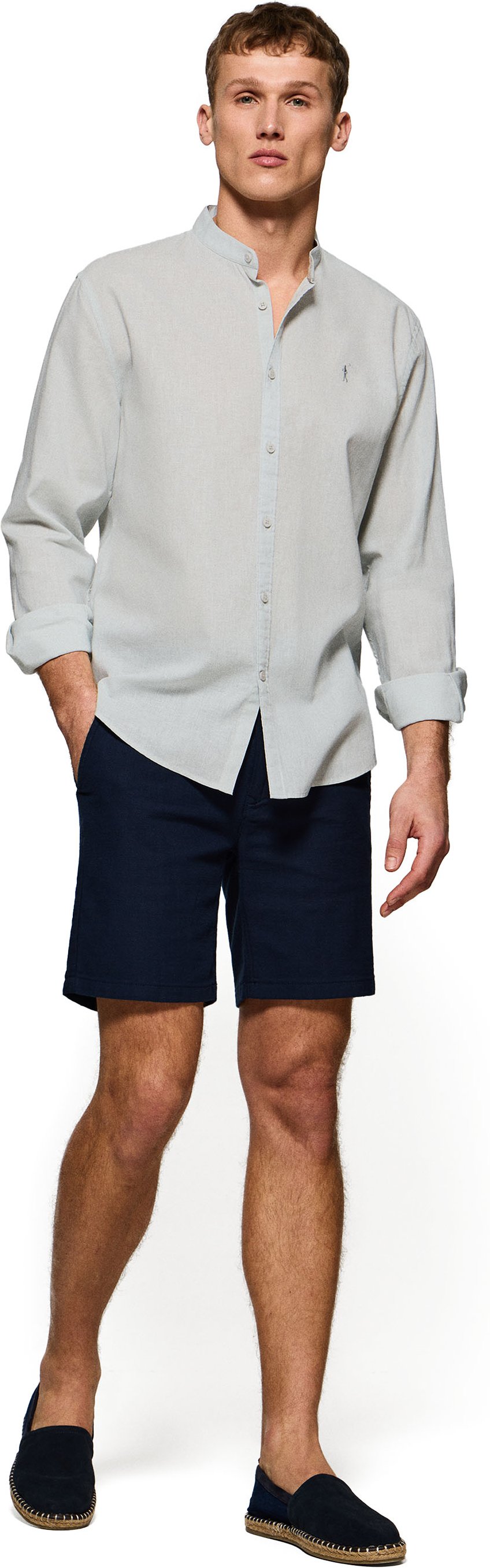 Hemd aus Leinen-/Baumwollgemisch hellgrün mit Mao-Kragen und Rigby Go Stickerei