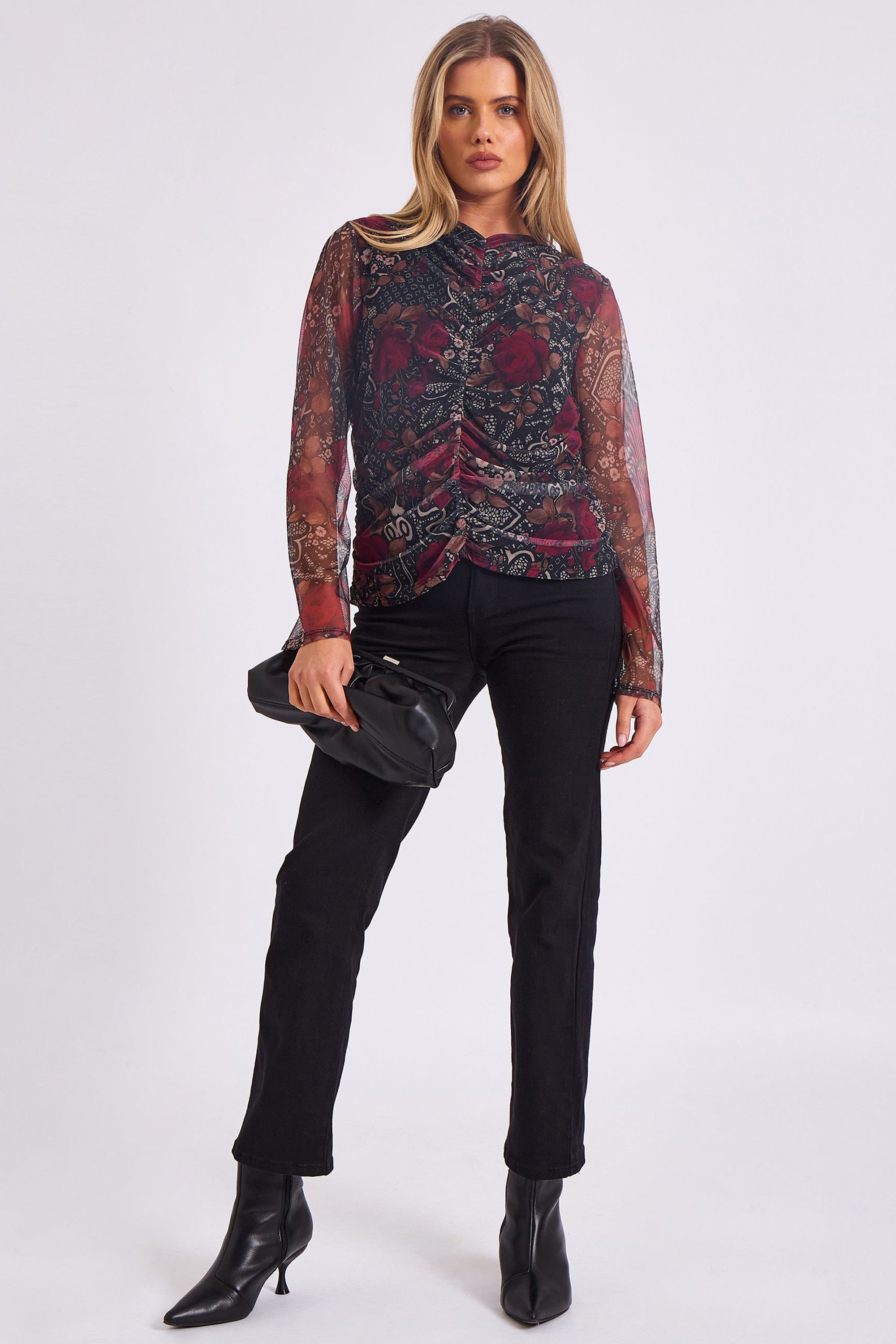 Bedrucktes Mesh-Top mit geraffter Front