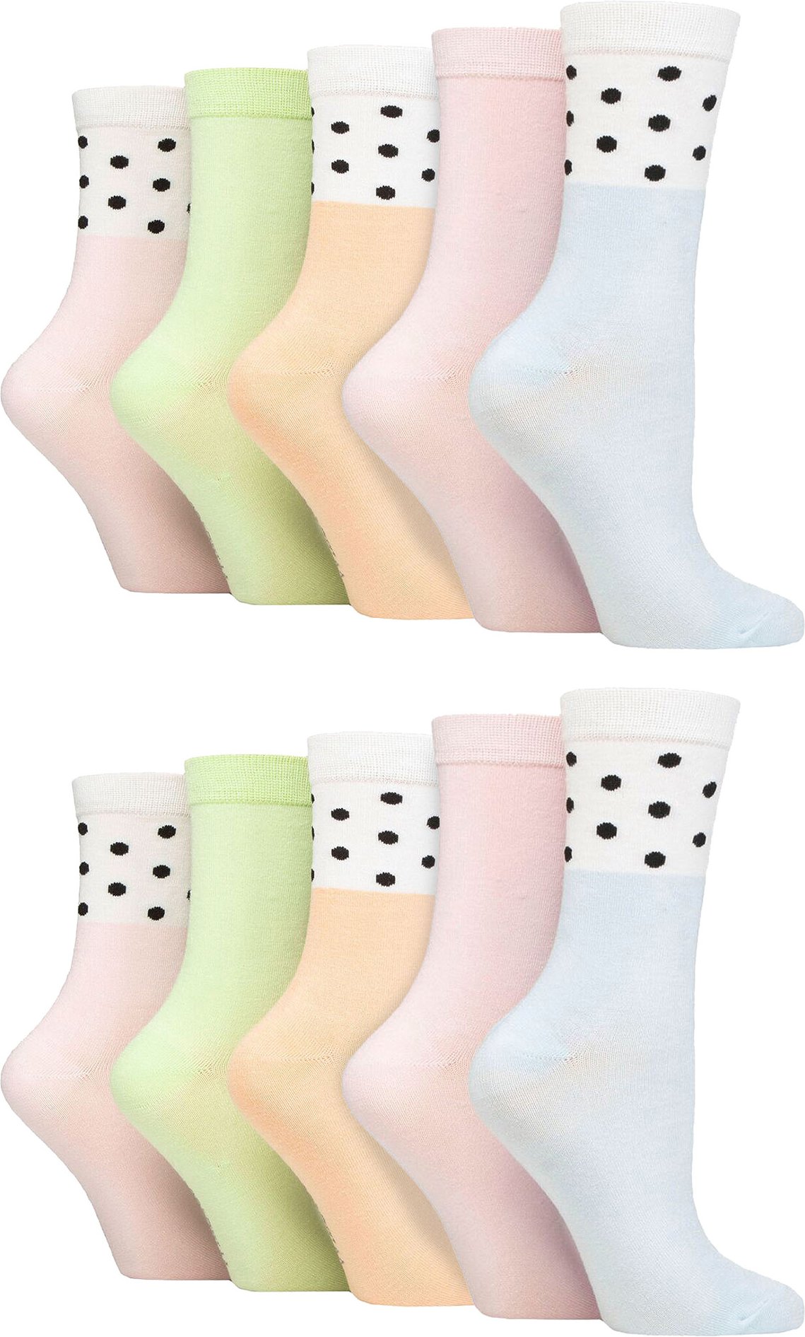 Wildfeet - 10er Pack Damen Bambus Crew Socken mit Punkten, Leoparden- und Blumenmuster - Spots Pastell