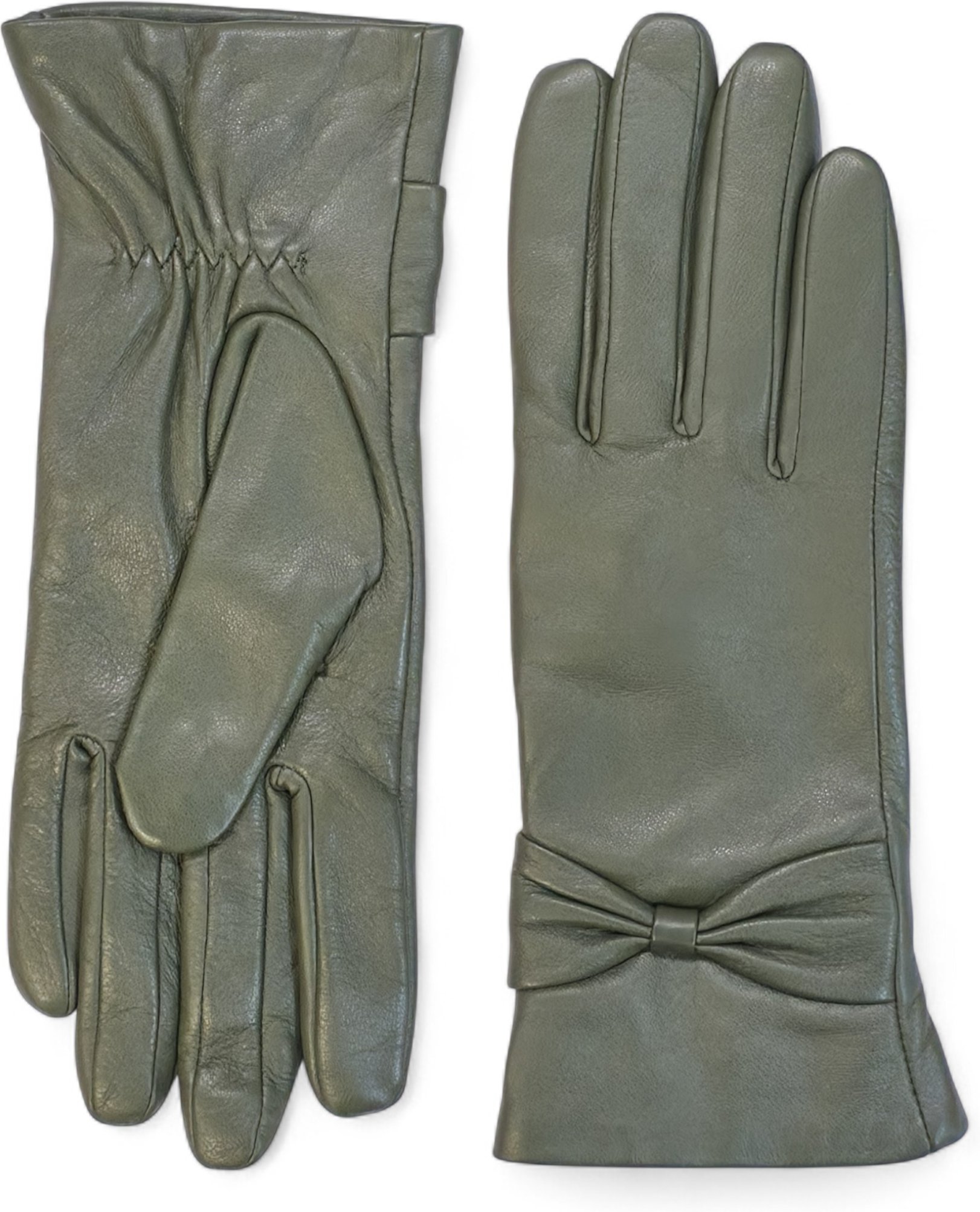 Damen-Fahrhandschuhe aus olivgrünem italienischem Leder mit weichem Wollfutter und Schleifendesign für den Winter