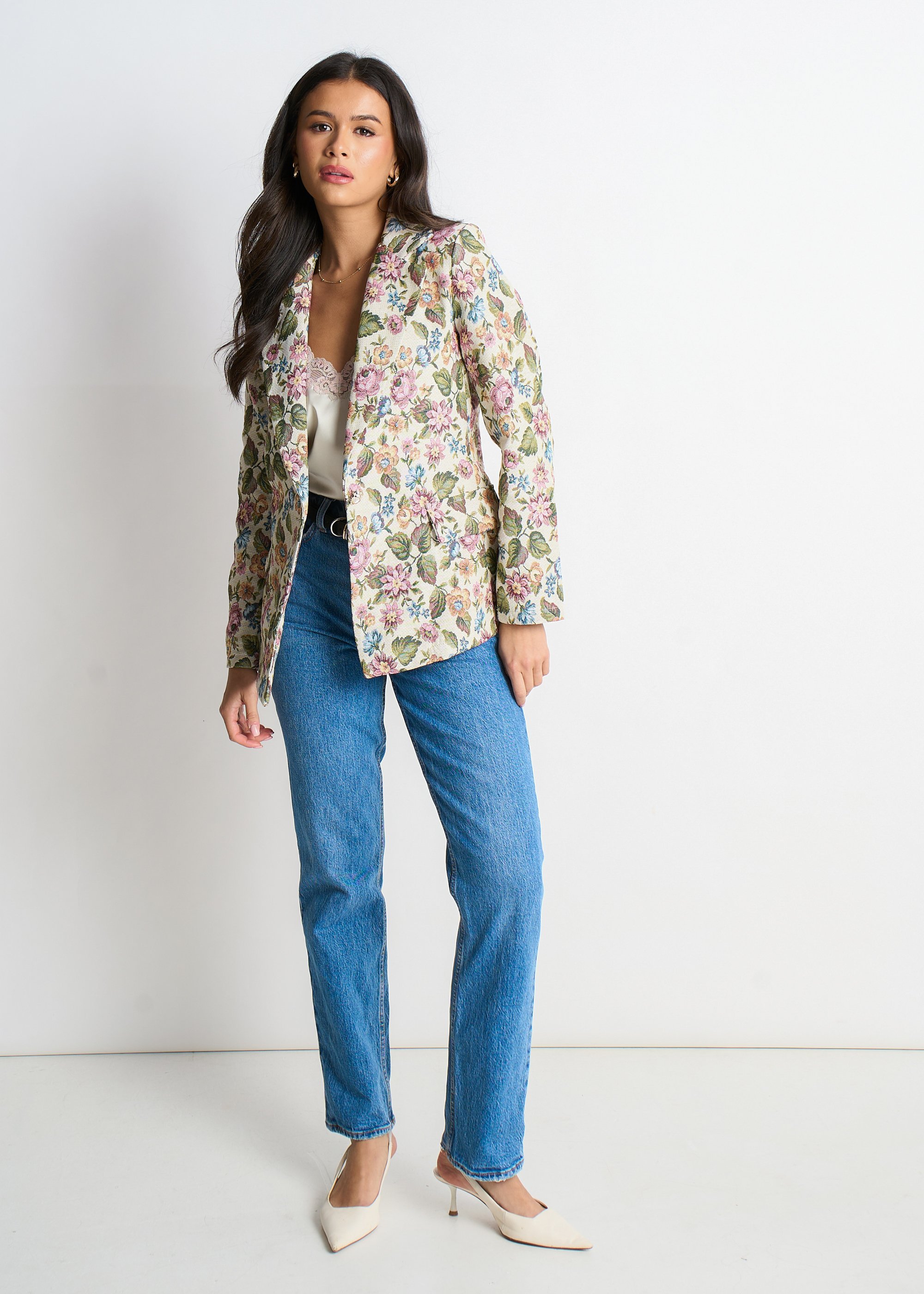 Beige Floral Jacquard Tailored Jacket