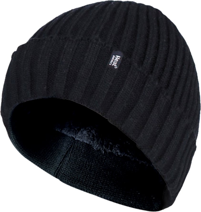 Heat Holders - Mens Ribbed Knit Fleece gefüttert isoliert warm Turn Over Cuff Thermal Winter Beanie Hut - schwarz
