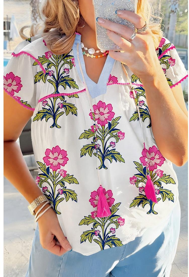 Thumbnail - Rose Vintage Blumenmuster Kontrast Notch V-Ausschnitt Plus Size Sommerbluse