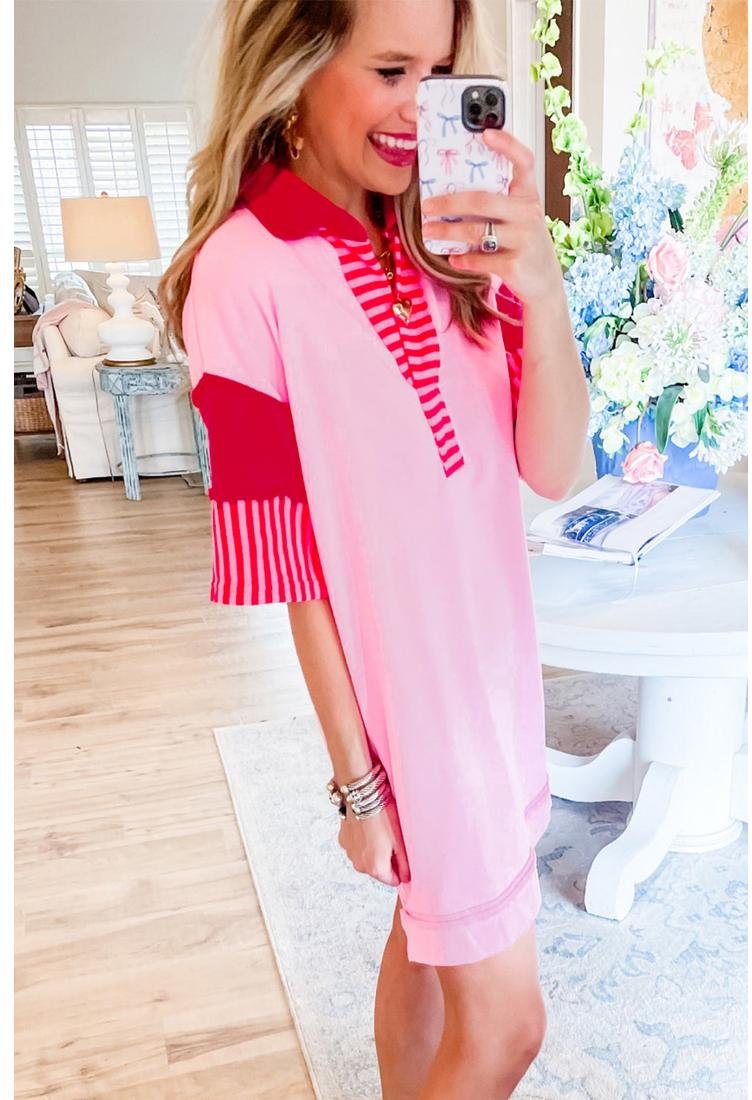 Thumbnail - Azura Exchange Pink Stripe Farbblock Patchwork Kurzarm T-Shirt Kleid