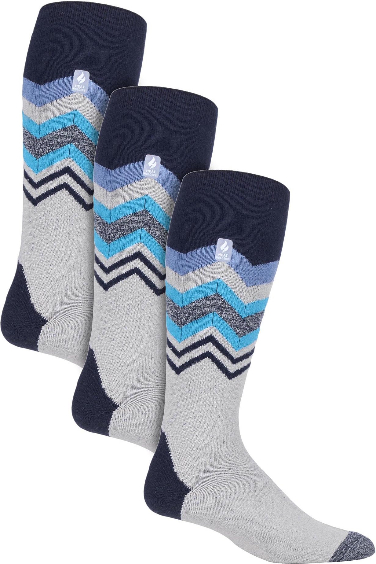 3 Paar Multipack Ultra Lite Herren Skisocken | Wärmehalter | Funky Patterned Striped Knee High Socks - Grau Zig Zag