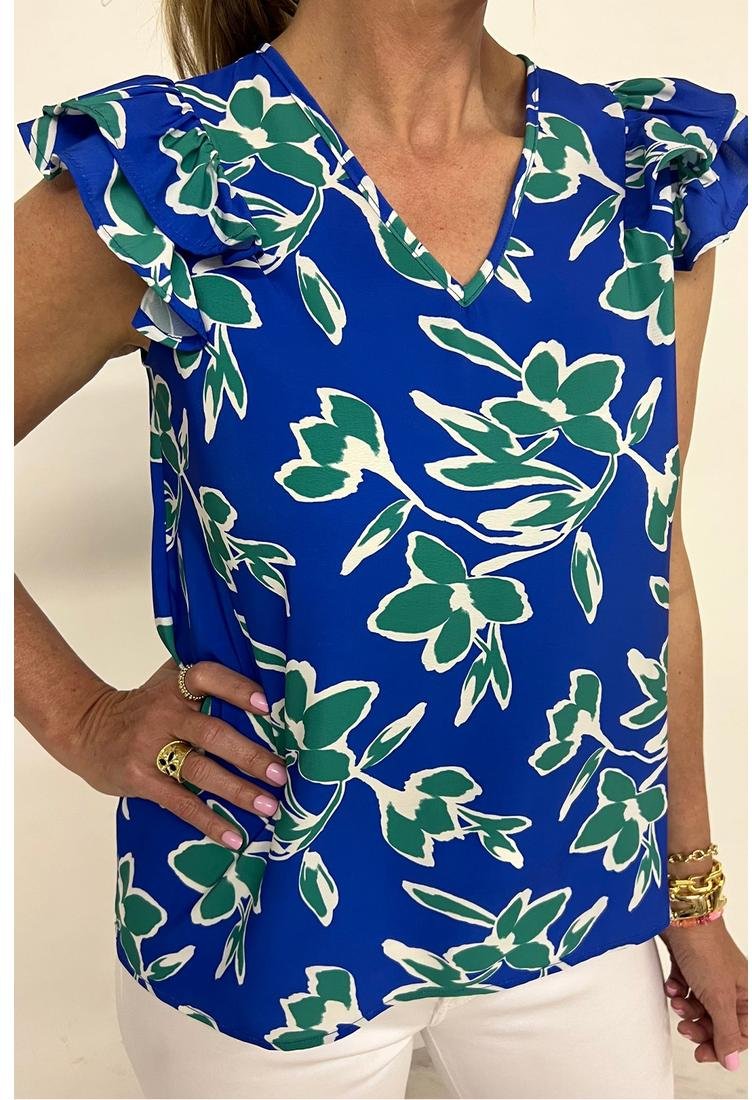 Thumbnail - Floral-Print ärmellose Bluse mit Rüschendetail und V-Ausschnitt