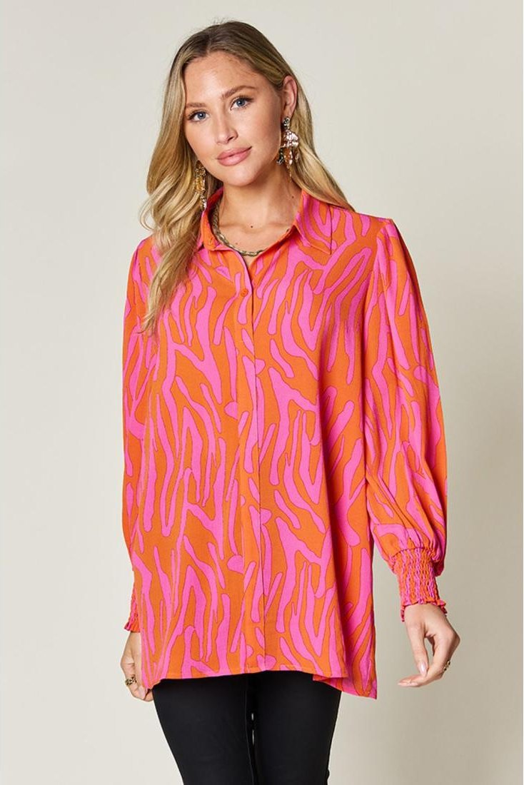 Thumbnail - Damen Double Take Gemusterte Smock-Bluse mit langen Ärmeln in voller Größe