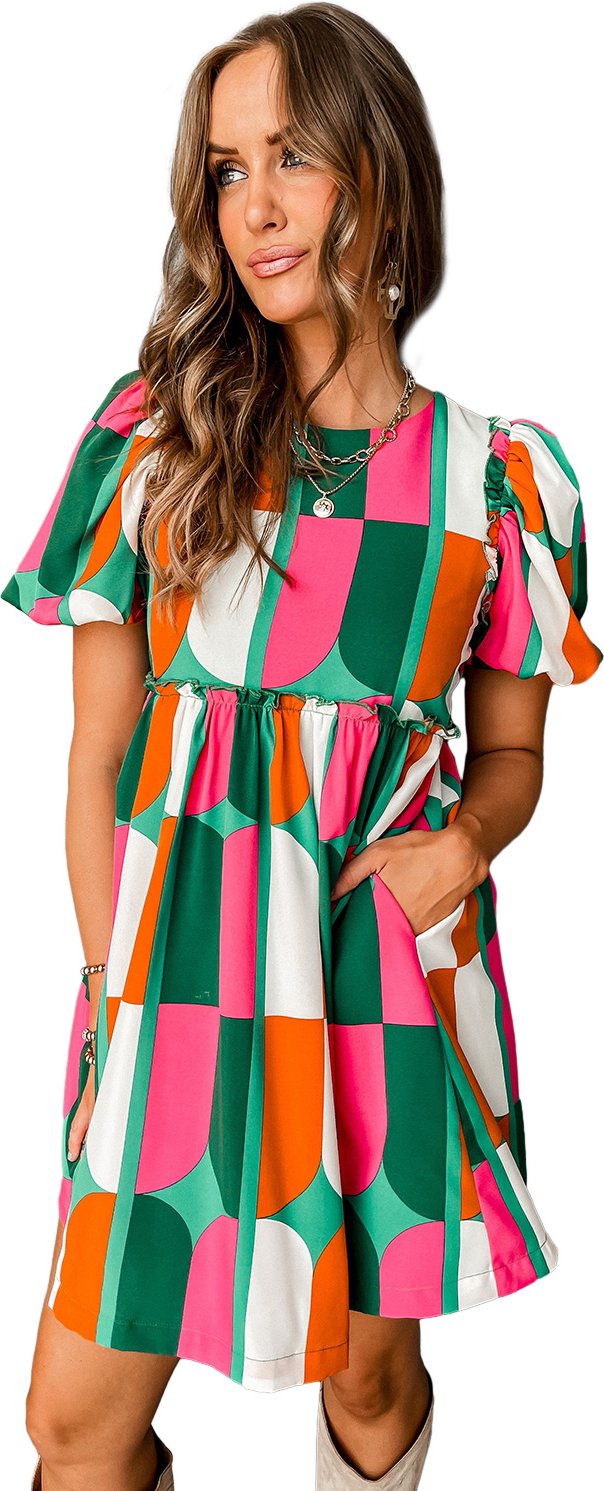 Grünes abstraktes Druck Puffärmel Kurzkleid