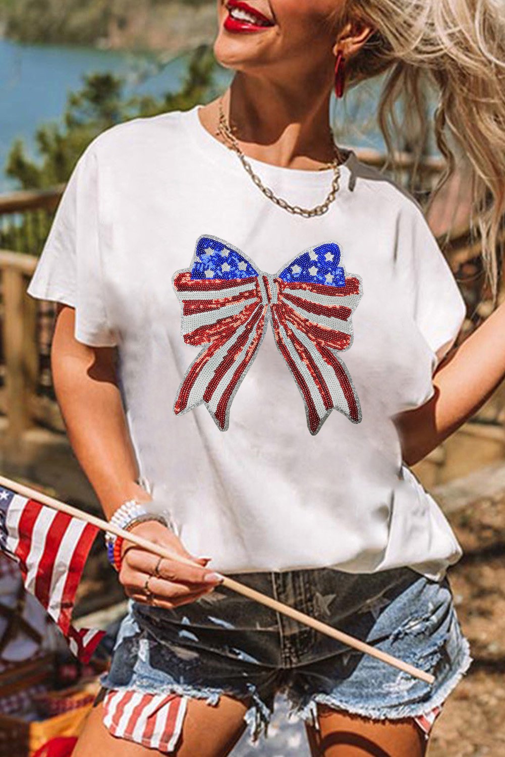 Pailletten-Schleifen Patriotic T-Shirt