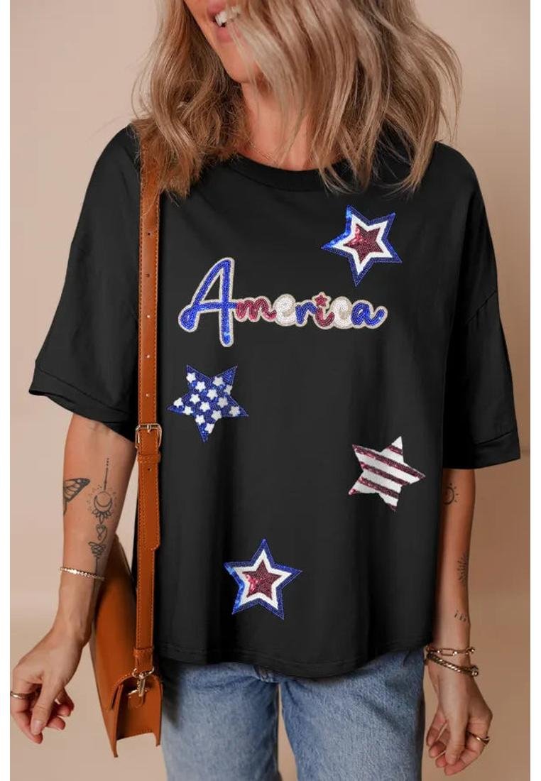 Damen Pailletten Amerika Stern Rundhals T-Shirt