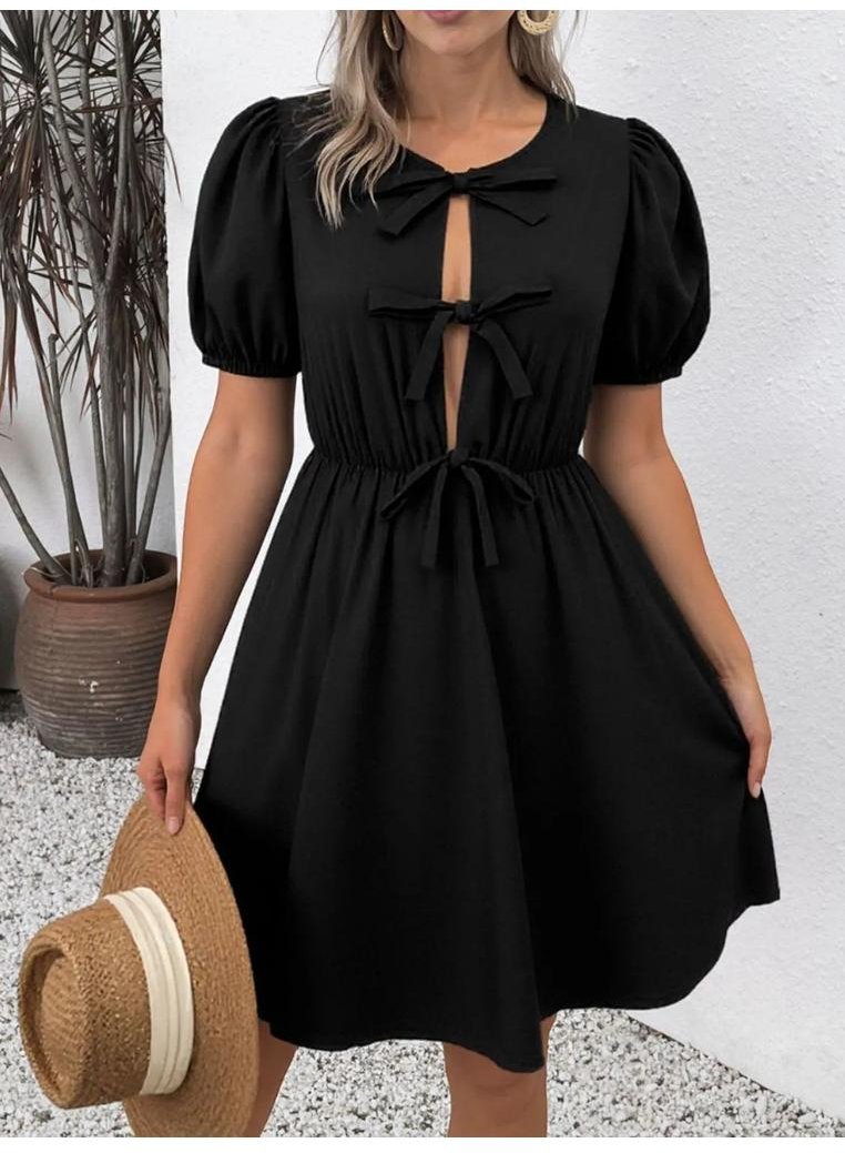 Thumbnail - Damen Mini-Kleid mit Krawatten-Front und Puffärmel