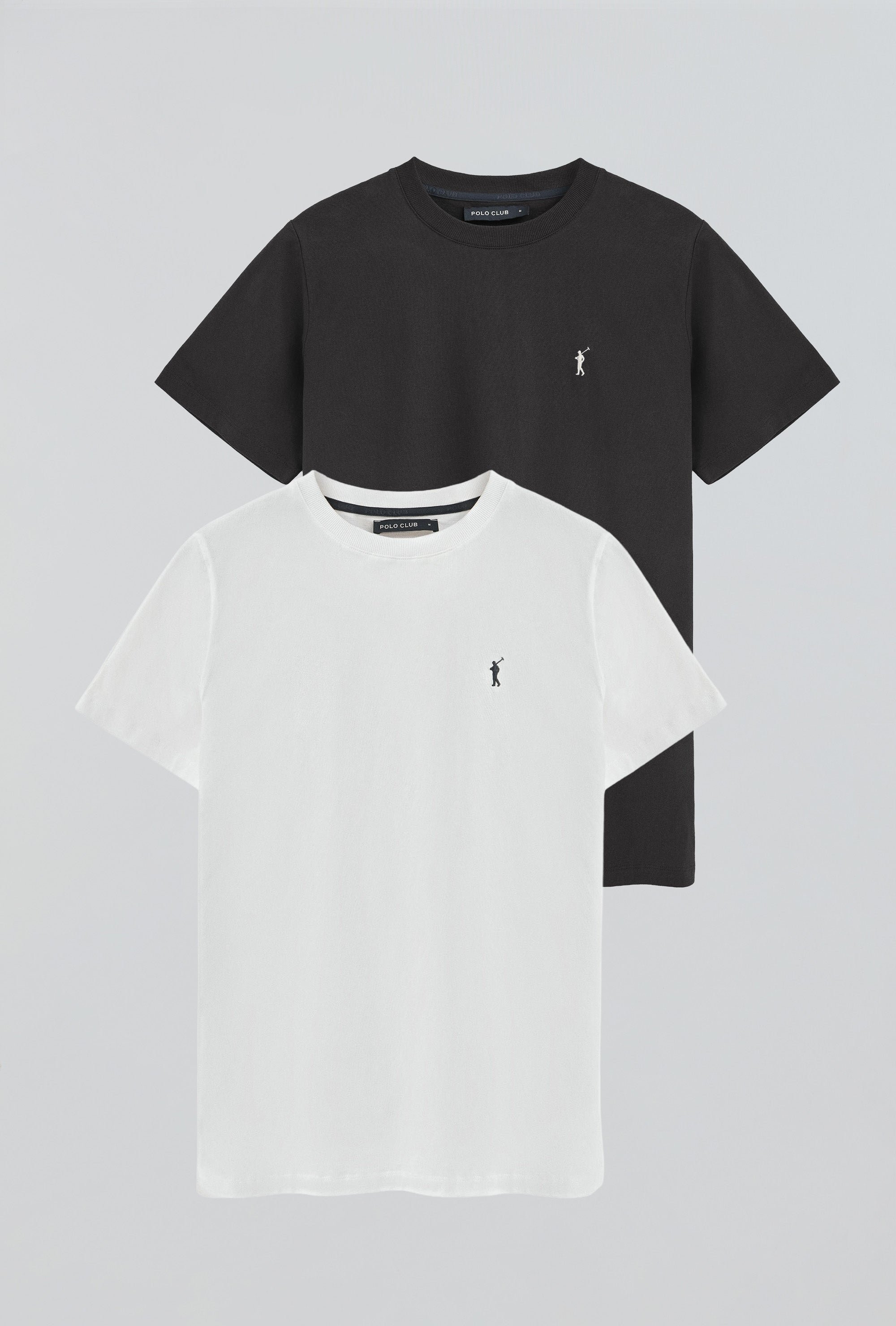 Zweierpack Herren-T-Shirts schwarz und weiß mit Rundhalsausschnitt und gesticktem Rigby Go-Logo