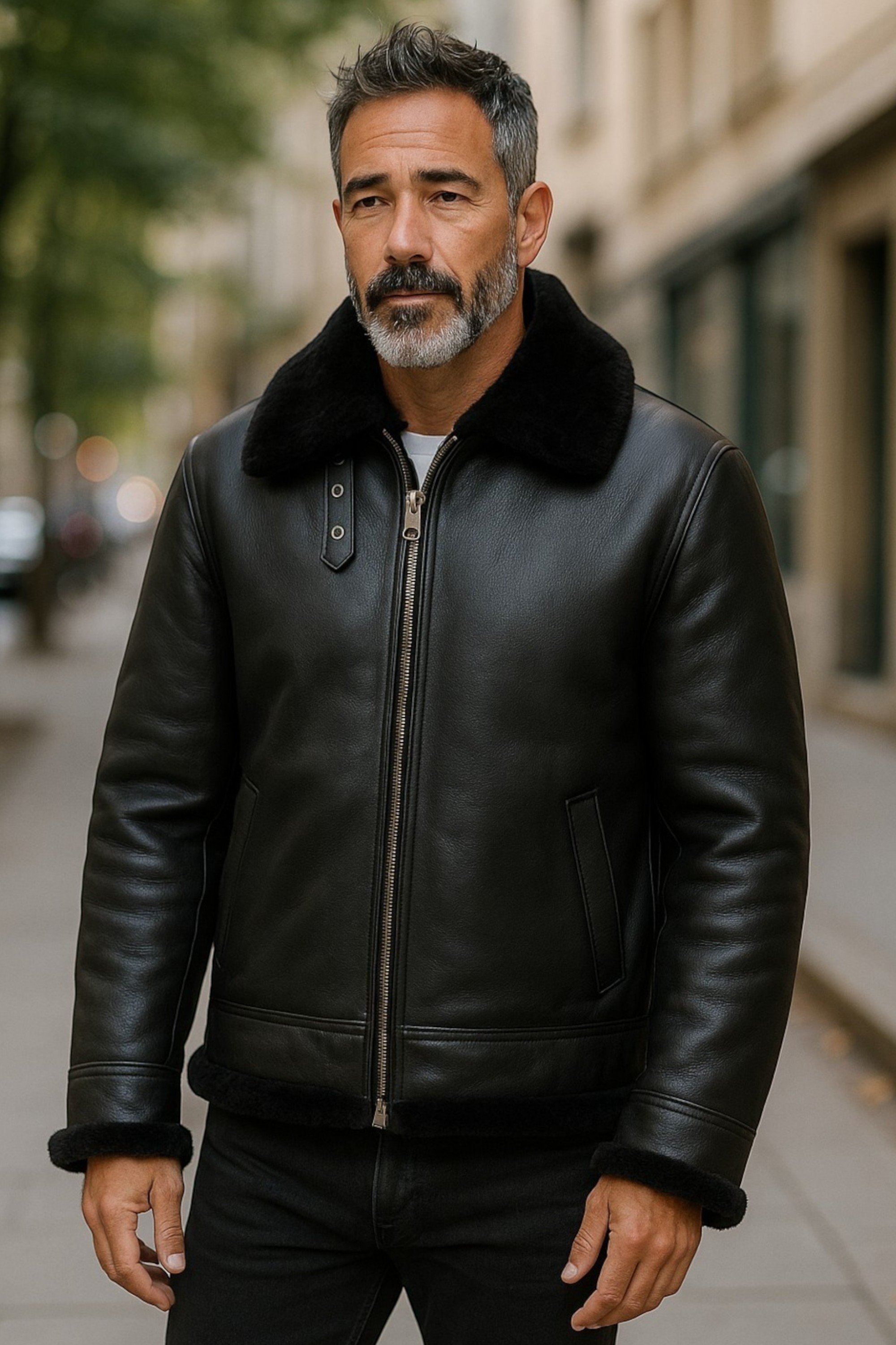 Herren Fliegerjacke B3 Aviator aus echtem Schaffellleder, schwarz, Hobart